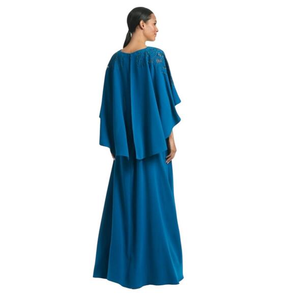 Sachin & Babi Size 4 NWT Moroccan Blue Crepe Embroidered Wren Cape Maxi Gown - Picture 3 of 11